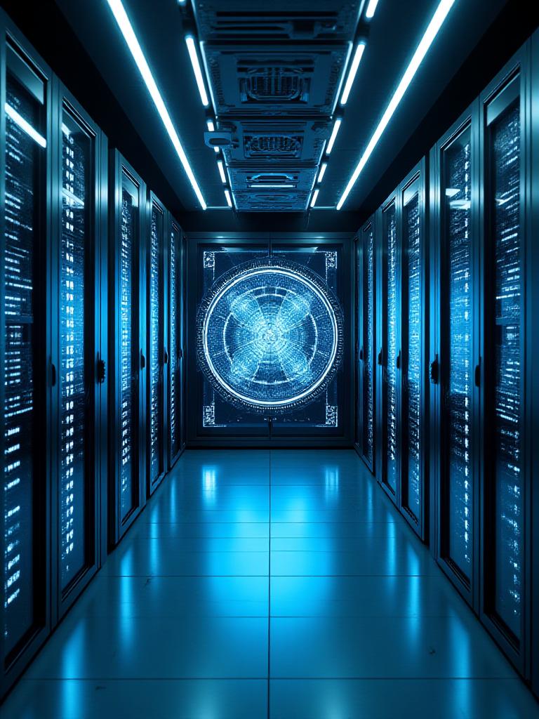 Futuristic server room with blue glowing lights and holographic displays